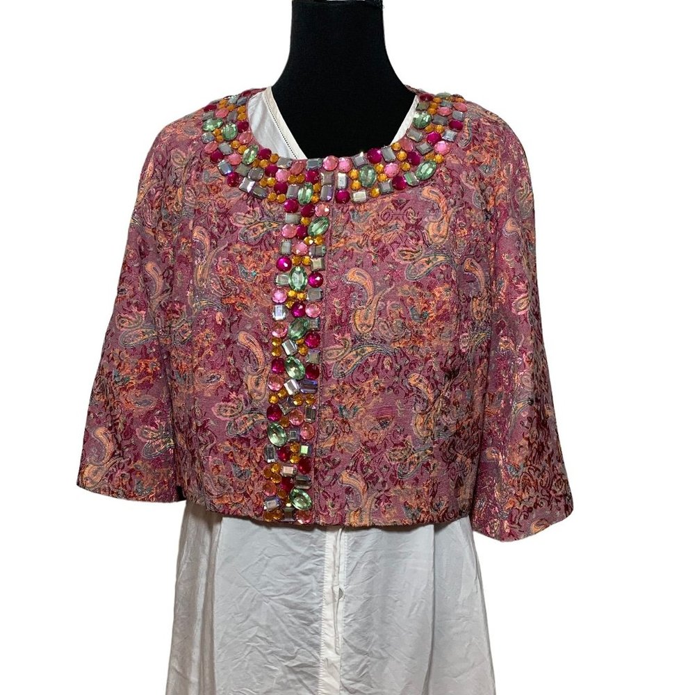 Christina V Womens Jacket Jeweled Pink Paisley Swing Cut Party Outrageous